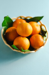 tangerines in a basket on a blue background