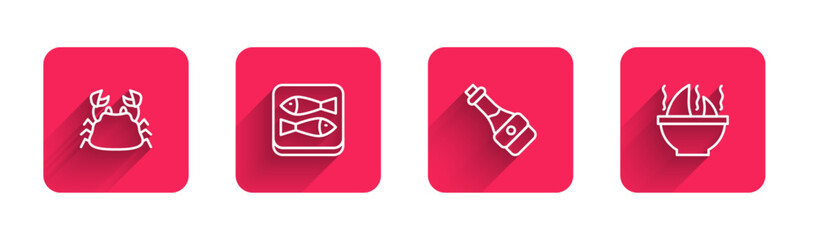 Set line Crab, Canned fish, Soy sauce bottle and Shark fin soup with long shadow. Red square button. Vector