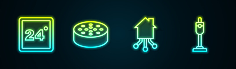 Set line Thermostat, Water sensor, Smart home and Vacuum cleaner. Glowing neon icon. Vector