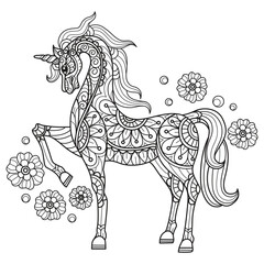Unicorn and flower hand drawn for adult coloring book