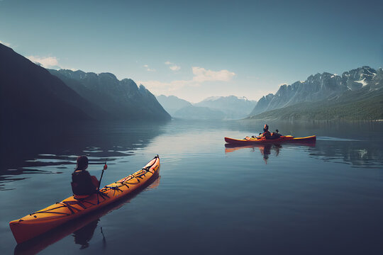 People in Kayak enjoying beautiful blue lake with mountains in background. feeling of peace and tranquility. space for text