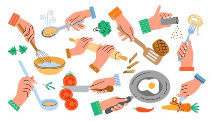 Human hands with kitchen accessories. Cooking process, food preparing, fried eggs in pan, whisk whites with whisk in bowl, vector set