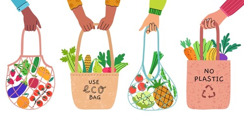 Human hands with full bags. Cotton eco shoppers in arms, zero waste objects, fruits and vegetables, bio market, reusable items, vector set © Vectorcreator