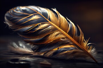 Gold feather texture on black background. Premium luxury illustration. Generative AI