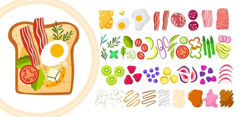 Tasty sandwich constructor. Various edible ingredients, salty and sweet foods, toppings types, meat and vegetables, top view, vector set