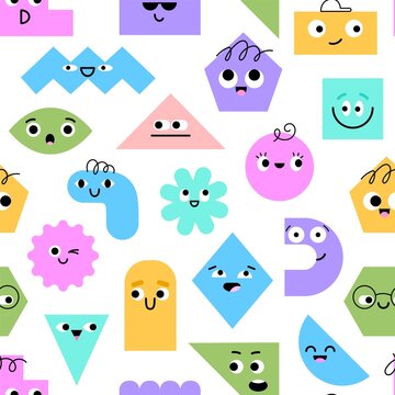Seamless geometric shapes characters pattern. Different colored math figures with funny faces, positive emotions, vector repeat backdrop