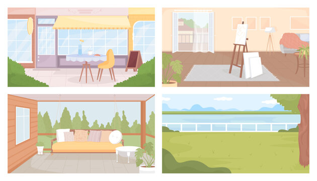 Cozy places to hang out flat color vector illustrations pack. Relaxing spots. Fully editable 2D simple cartoon interior, landscape, cityscape with living room, cafe exterior and park on background