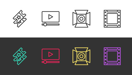 Set line Cinema ticket, Online play video, Movie spotlight and Play on black and white. Vector