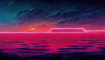 3d illustration of a a cyberspace cityscape in a synthwave style