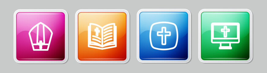 Obraz premium Set line Pope hat, Holy bible book, Christian cross and on monitor. Colorful square button. Vector