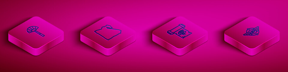 Set Isometric line Egyptian fan, Map of, Eye Horus on papyrus scroll and symbol Winged sun icon. Vector