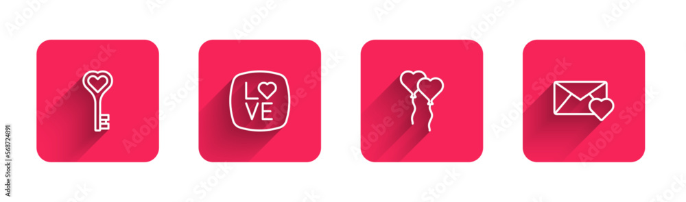Poster set line key in heart shape, love text, balloons form of and envelope with valentine with long shado