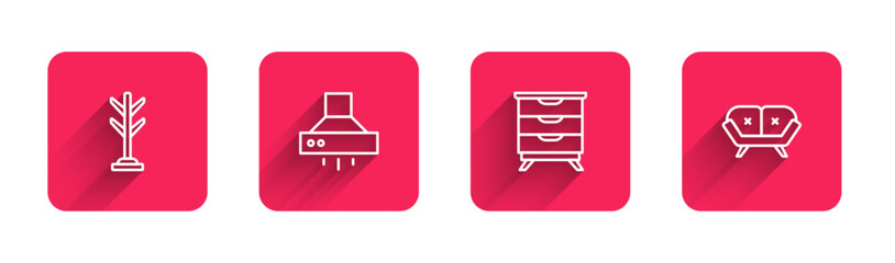 Set line Coat stand, Kitchen extractor fan, Furniture nightstand and Sofa with long shadow. Red square button. Vector