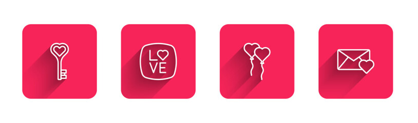 Set line Key in heart shape, Love text, Balloons form of and Envelope with Valentine with long shadow. Red square button. Vector