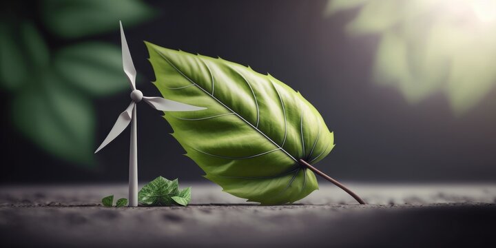A green leaf beside a wind turbine, symbolizing the integration of nature and clean energy production, generative ai