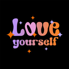 Love yourself text pastel gradient color Groovy style isolated on black