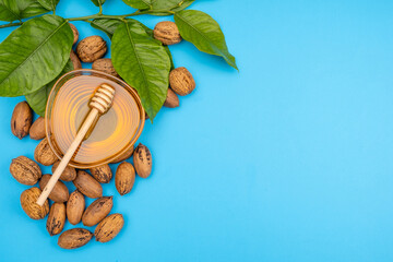 Rosh Hashanah horizontal Festive background, bowl with honey, Pecan walnuts