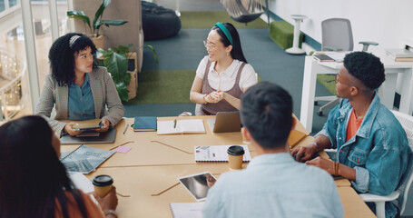 Business people, diversity or meeting with modern office documents, digital marketing laptop or target audience paper. Talking men, women or creative designers and technology for advertising planning