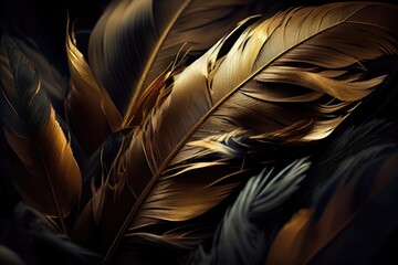 Gold feather texture on black background. Premium luxury illustration. Generative AI