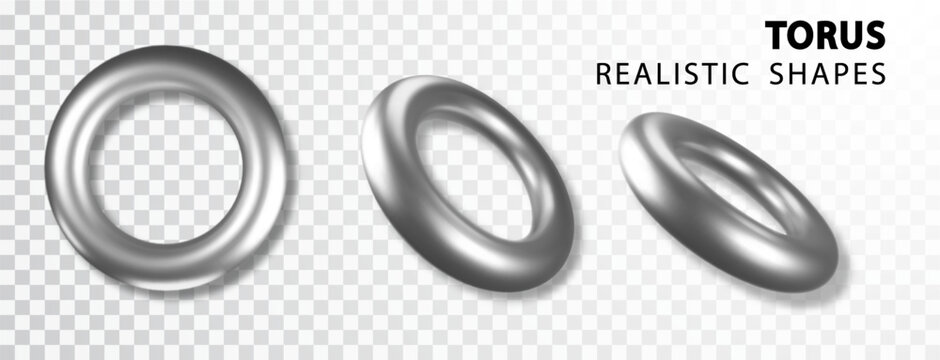 Geometric element in shape of silver 3d torus. Round realistick ring tor set isolated.