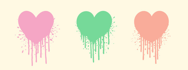 Hearts graffiti set. Graffiti heart stains. Grunge paint splatter. Ink splash. 2000s graffiti trend. Y2k, 90s and 2000s. Valentines day hearts. Love, romance, wedding. Valentines day.