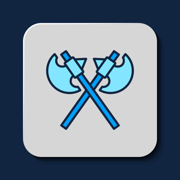 recommend clip art: Filled outline Crossed medieval axes icon isolated on blue background. Battle axe, executioner axe. Medieval weapon. Vector