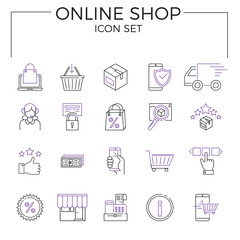 Online shop icon set in line style. Mobile shopping symbols collection. E-business vector illustration. Two-colored.