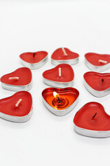 Lots of beautiful red heart shaped candles