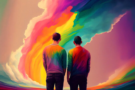 Two gay men gazing at a rainbow, symbolizing the promise of love and acceptance, generative ai. The bright hues and delicate details express the joy and peace of the moment