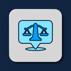 Filled outline Scales of justice icon isolated on blue background. Court of law symbol. Balance scale sign. Vector