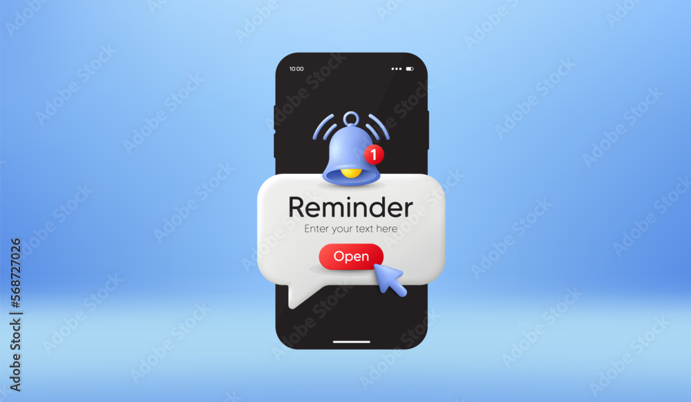 Poster phone reminder message on screen. new notice on the smartphone. alert notification bell. important e