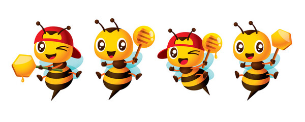 Fototapeta premium Cartoon cute bee holding honey dipper and honeycomb mascot set. Cartoon honey bee wearing red cap character collection illustration 
