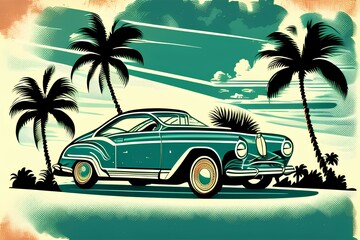Original vector illustration in vintage style. Vintage car on the background of palm trees - generative ai