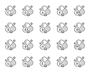Vitamins food supplements capsules line icons. Healthy nutrition, natural vitamins and multivitamin complex set. Biotin, ascorbic acid and niacin line icons. Vitamin C, B12 and D pills. Vector