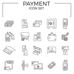 Payment icon set of money and payment methods thin line icons. Contains icons as pay online, bank check, mobile wallet, mobile payment, credit card and more.