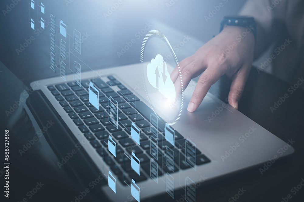 Poster businessman hand holding smartphone and laptop with cloud computing diagram show on hand. cloud tech