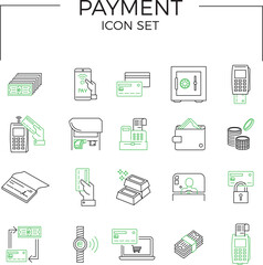 Payment icon set of money and payment methods thin line icons. Contains icons as pay online, bank check, mobile wallet, mobile payment, credit card and more. Two-colored.