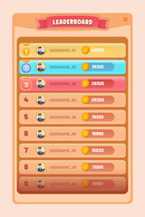 Game leaderboard with different ranks and set of 3 different rank badges. Leaderboard Mobile Game GUI assets for the user interface of casual mobile games and applications.