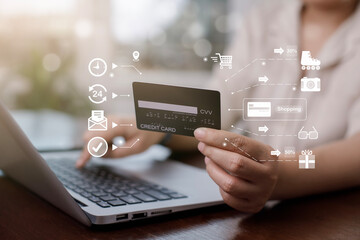 Woman holding credit card for makes a purchase on the Internet on the laptop computer with credit card, online payment, shopping online, e-commerce, internet banking, spending money concept.