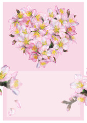 Watercolor illustration of a postcard with a heart and branches of cherry blossoms on a pink background.