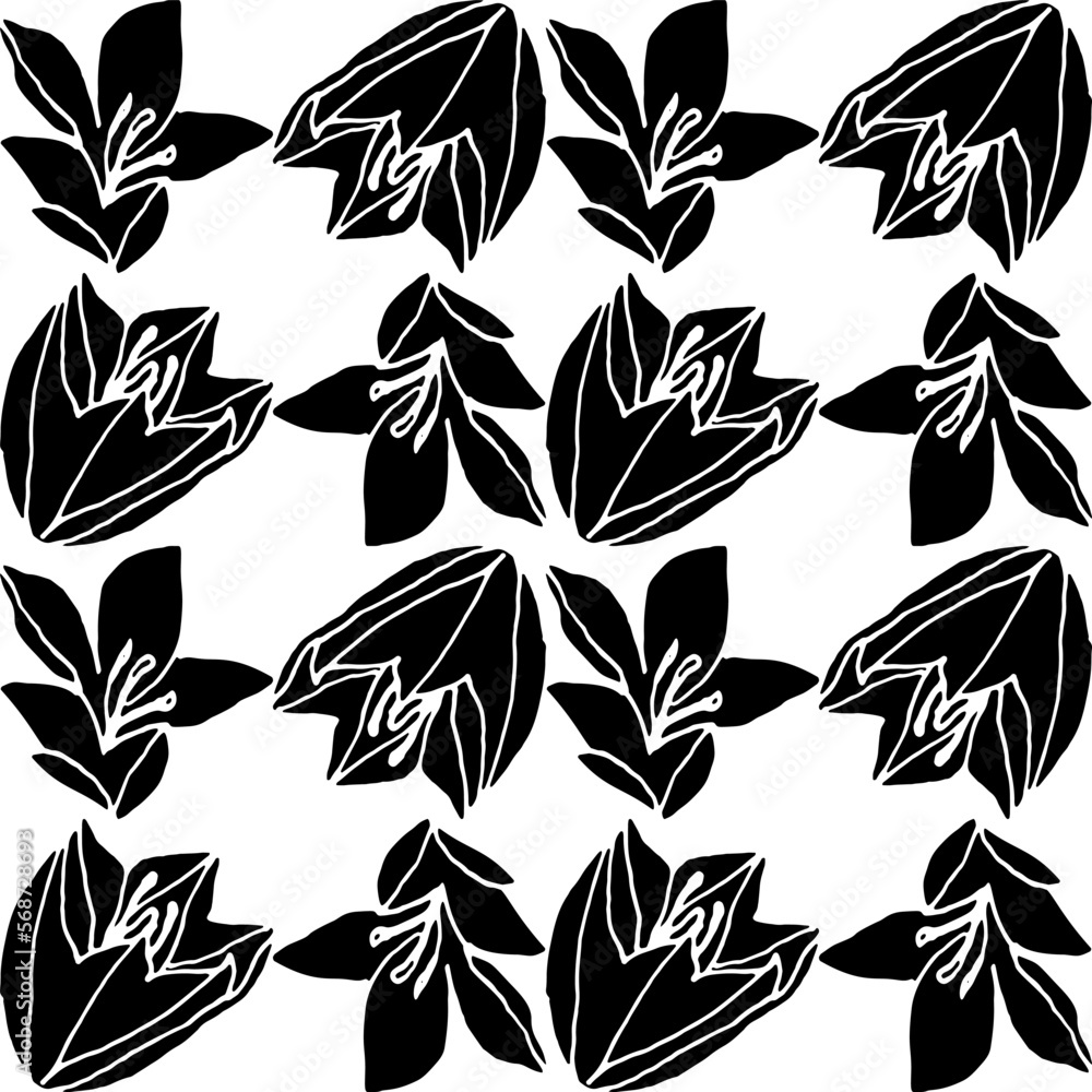 Fototapete abstract flower elements vector seamless pattern. simple repeat in black on white background.