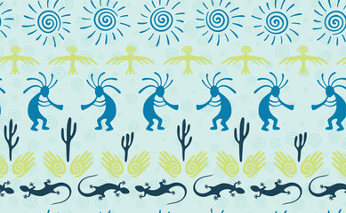 Fototapeta premium Kokopelli with flute, pangolin, hawk, sun symbol, hands and plant tribal vector seamless pattern.