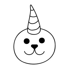 Cute doodle narwhal face from the collection of girly stickers. Cartoon vector white and black illustration.