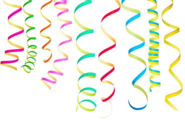 Collection of colorful explosion of Party streamers, serpentine, curly paper ribbons. Multicolored party decorations. Transparent background.