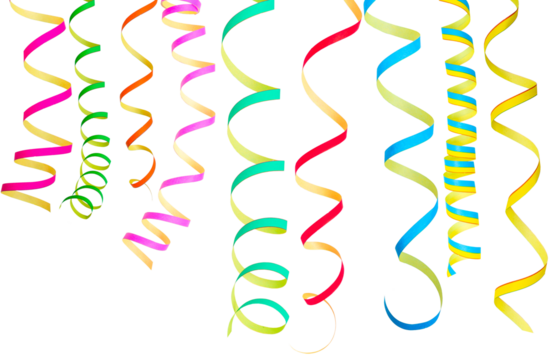 Collection of colorful explosion of Party streamers, serpentine, curly paper ribbons. Multicolored party decorations. Transparent background.
