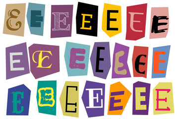 Alphabet E - vector cut newspaper and magazine letters, paper style ransom note letter
