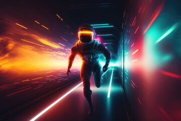 3d illustration of an astronaut running inside a tunnel with neon lights