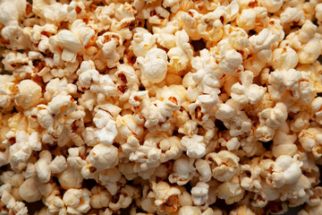 Homemade Kettle Corn Popcorn with Salt, top view. Flat lay, overhead, from above.