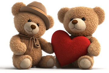 Valentine's Day concept. Two cute teddy bears brown and white are sitting on the floor with red hearts. Close-up. soft focus. Ai generative.