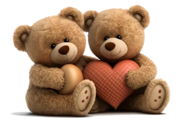 Fotobehang Two teddy bears hugging a heart for Valentine's Day on white background. Ai generative. © Juan